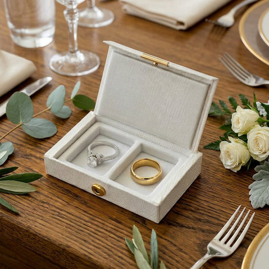 Elegance | Premium White Textured Leatherette Wedding Day Ring Case with Gold Button Closure (Pack of 10)