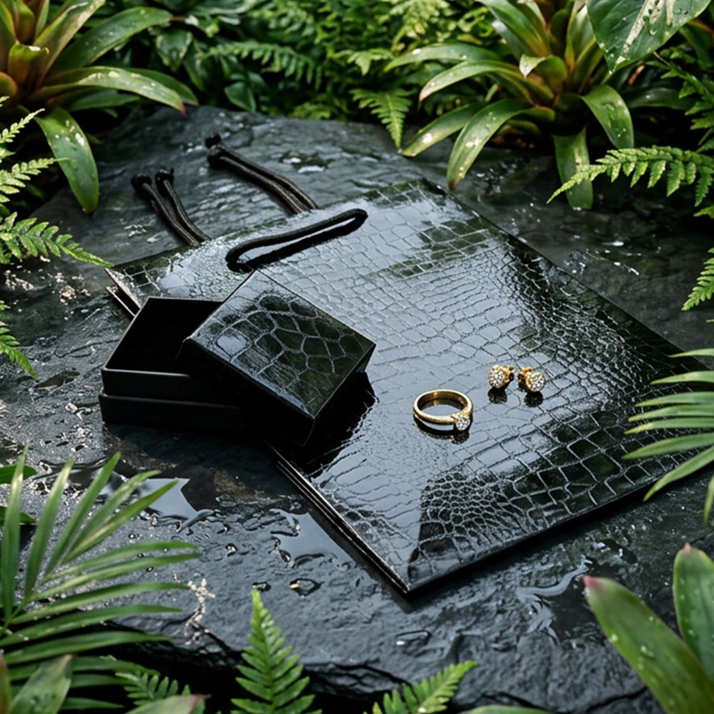 Amazon | Black Gloss String Handle Gift Bag with Imitation Crocodile Skin Finish (Pack of 10)