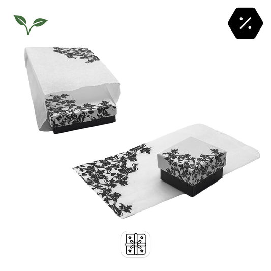 Chic Floral Pattern Eco Paper Gift Bags | Monochrome Black & White Baroque Detailing (Pack of 100)