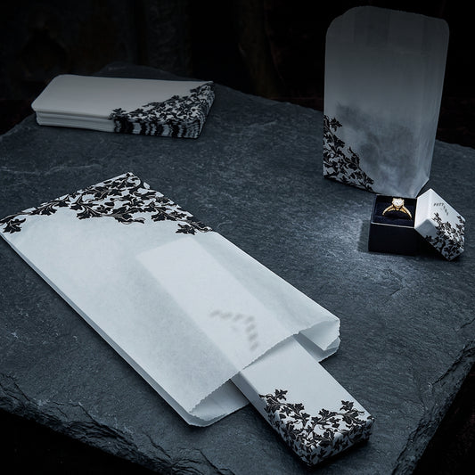 Chic Floral Pattern Eco Paper Gift Bags | Monochrome Black & White Baroque Detailing (Pack of 100)