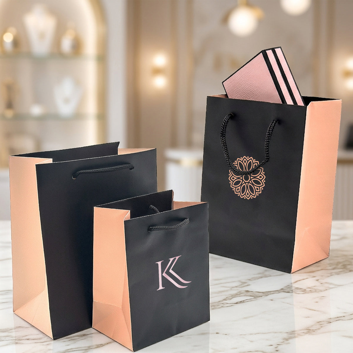 Laminated Matt Black / Chic Pink Tote Bags with String Handles for Luxury Gifting (Pack of 10)