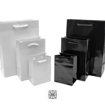 Modern Gloss Tote Bags | Black & White String Handle Bags for Jewellery & Gifts (Pack of 10)