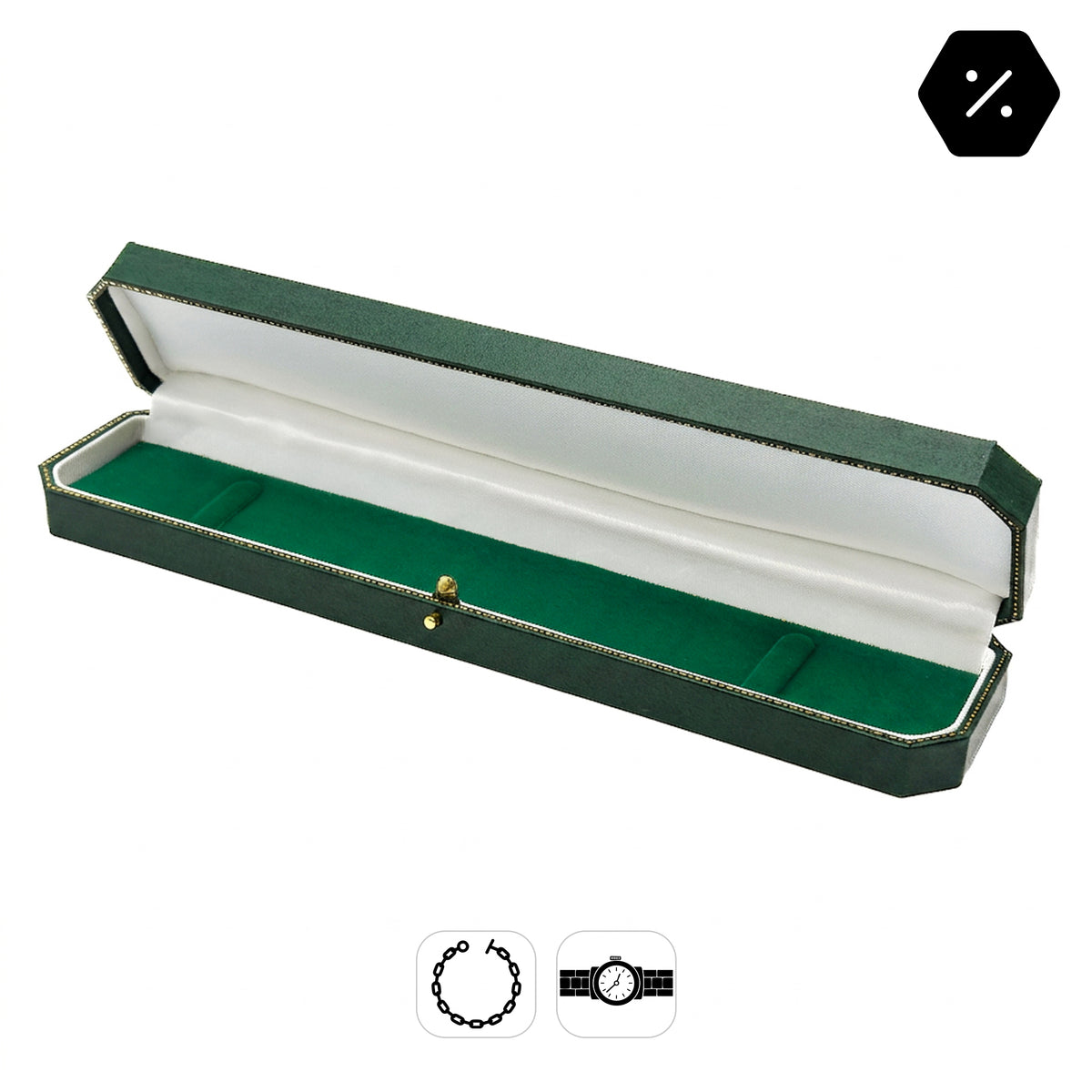 A long rectangular watch or bracelet presentation box shown open on a white background. The exterior is dark green with a thin gold edge, and the interior is lined with white fabric and green velvet-like padding.